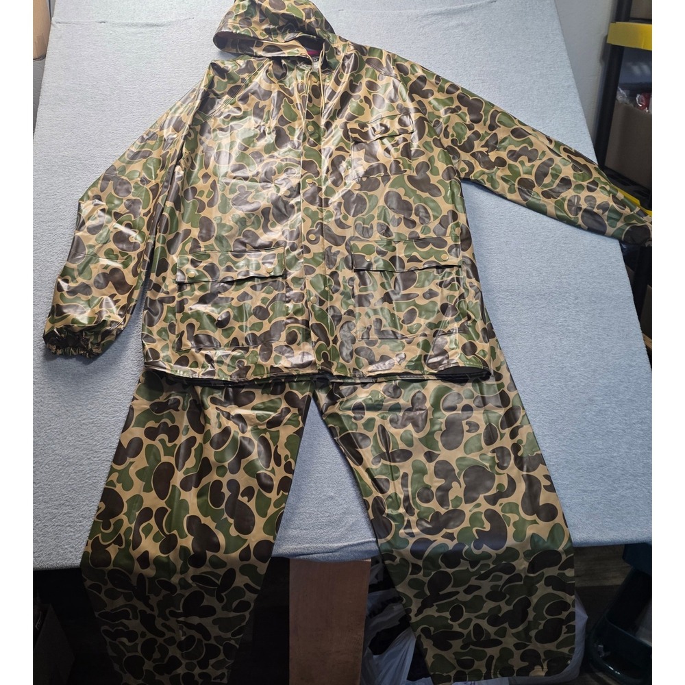 Vintage American Clearwater Duck Camo Hunting Rain Suit Vinyl Waterproof Large‎